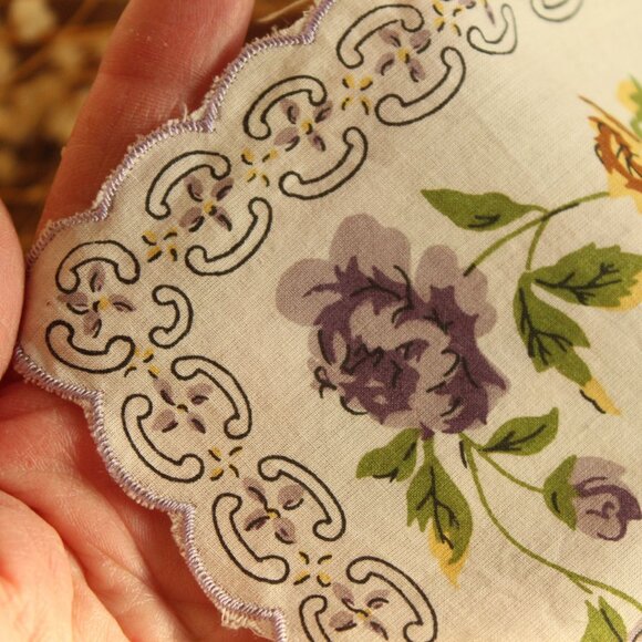 Vintage Handkerchief, Purple and Yellow Roses Flower Print Cotton Hankie - Picture 10 of 12